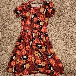LULAROE Amelia Vibrant Floral Red and Orange Puff Sleeve Dress